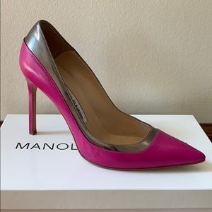 Manolo Blahnik Pretati Fuchsia and Silver Pumps